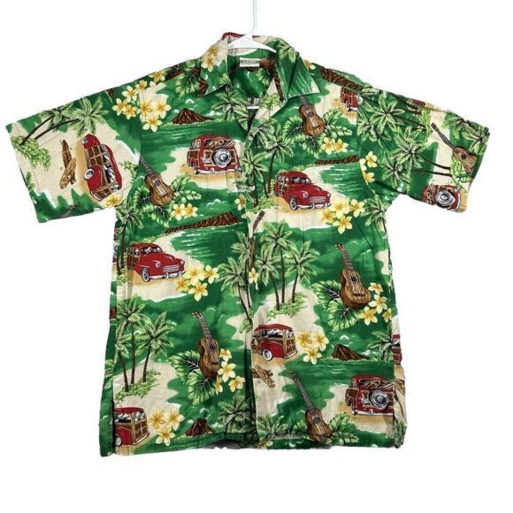 Go Barefoot Mens Cars & Surfboards‎ Trees AOP Hawaiian Shirt Size Small USA VTG